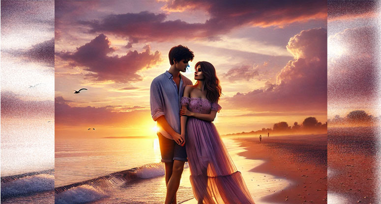 the romantic beach scene at sunset.